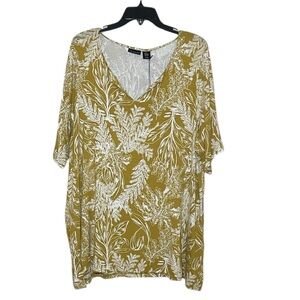 Tahari Mustard and White Leaf Print Top sz 2X